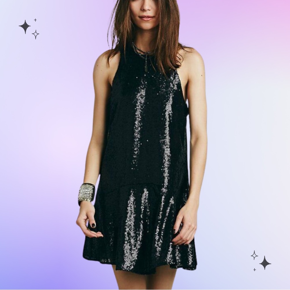 Free People Liquid Shine Black Sequin Drop Waist Mini Dress